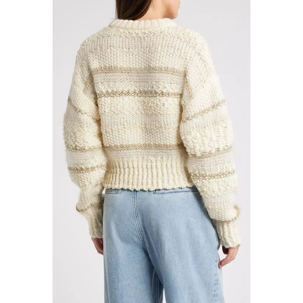Frame Cream & Gold Striped Textured Wool Knit Sweater Size Large NWOT